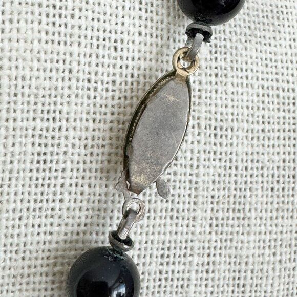 Vtg French Jet Black Glass Round Bead Long Necklace Fishhook Clasp Hand Knotted - Picture 5 of 8
